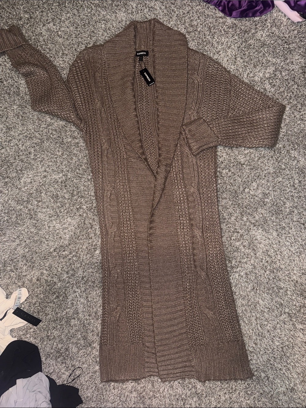 Express Long Shawl-Collar Cable Knit Cardigan in Taupe